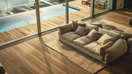 Waterproof hybrid flooring installed in residential kitchen area