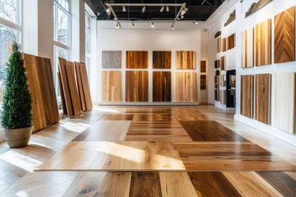 Flooring showroom in Melbourne displaying hybrid, timber, and vinyl flooring samples