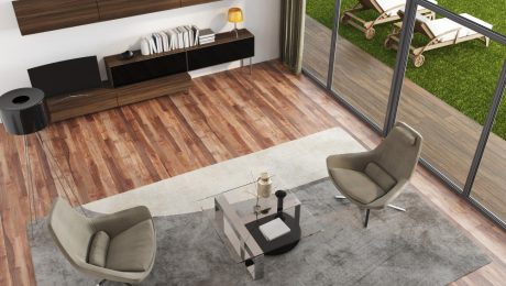 Waterproof laminate flooring installed in open-plan home interior