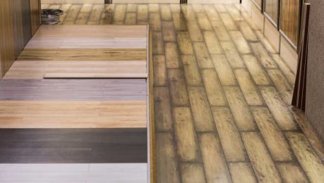 Flooring samples in a Melbourne showroom showing timber, laminate, vinyl and carpet options
